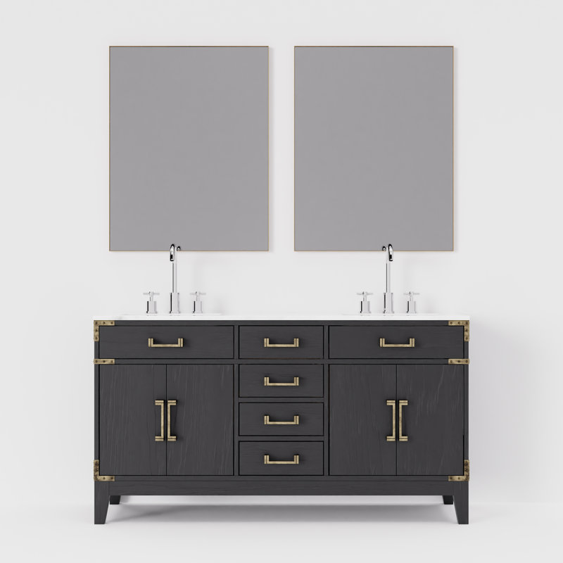Ensemble de miroirs de salle de bain double 60 po x P 22 po avec robinet Laurel, Chêne noir, Marbre de Carrare blanc