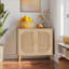 Armoires | Armoire de rangement moderne Modern Farmhouse, 2 portes en rotin 4 compartiments, pieds en bois massif, couleur naturelle | Mid-Century | Couloir