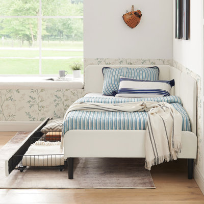 Structure de lit simple beige avec 2 tiroirs de rangement, lit en velours convertible, style moderne, doux, revêtement en eucalyptus renforcé et tiroirs, réglable pour une configuration de chambre à coucher flexible, look, confortable