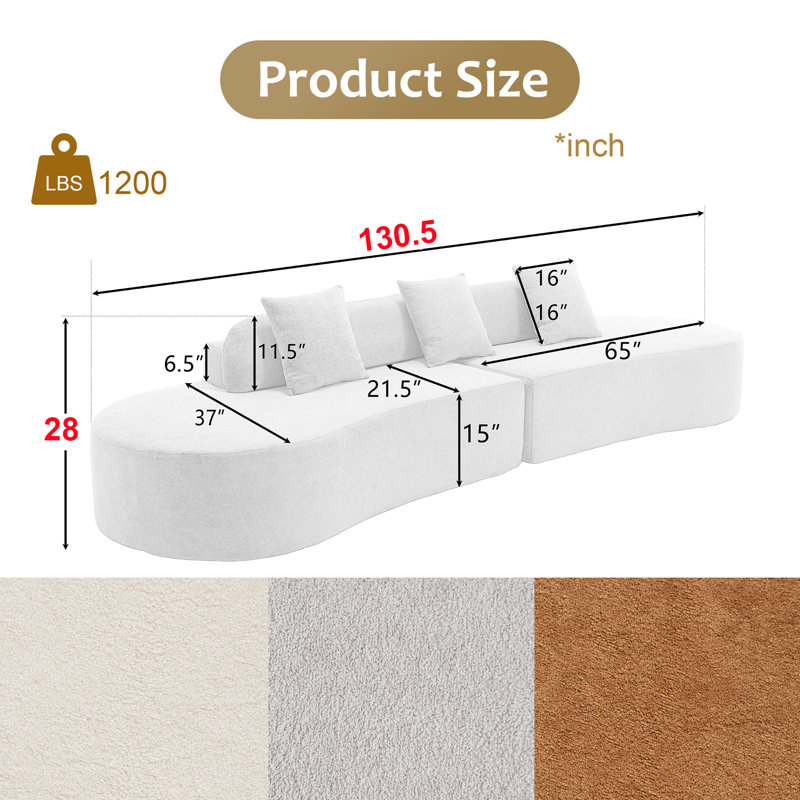  Temica 130.5"W Compression Boneless 2 Piece 4 Seater Low Back Symmetrical Curved Sectional, Brown Towel