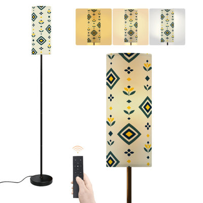Lampe sur pied beige à carreaux floraux, style moderne, avec abat-jour en textile tissé classique à rayures, intensité variable, télécommande et interrupteur au pied, idéal pour le salon, la chambre ou le bureau.