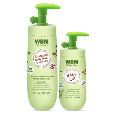 WBM Care 3 in 1 Shampoo (10 Oz) and Baby Oil (6.8 Oz) Baby Care Set