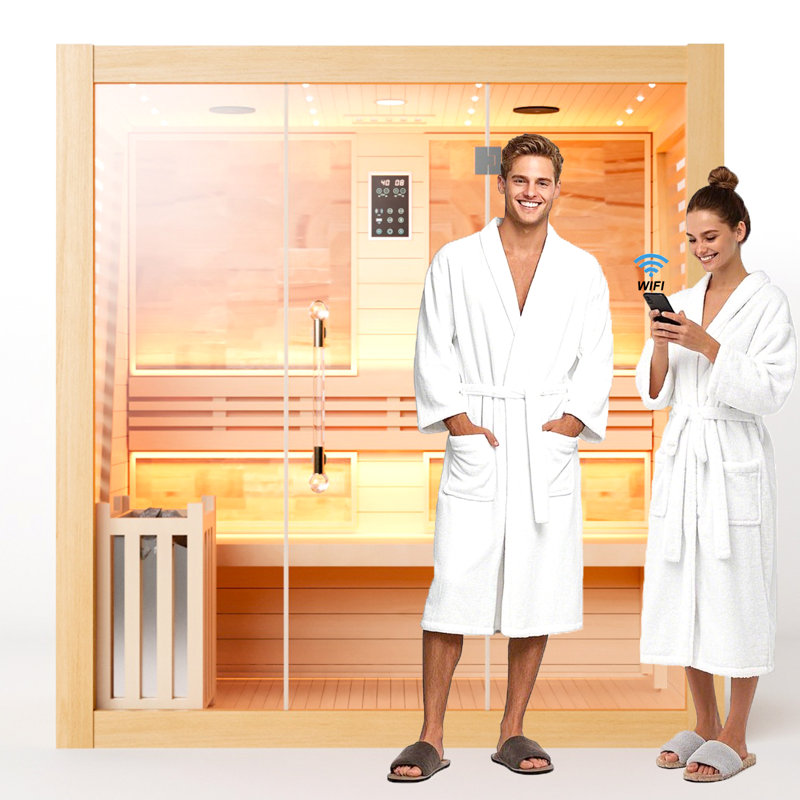 Hylivesaunas Smart WiFi-Enabled 4 Person Indoor Steam Sauna | Harvia 4.5 KW Heater, Reclining Bench, Bluetooth Speaker, Chromotherapy & Yoga Mode