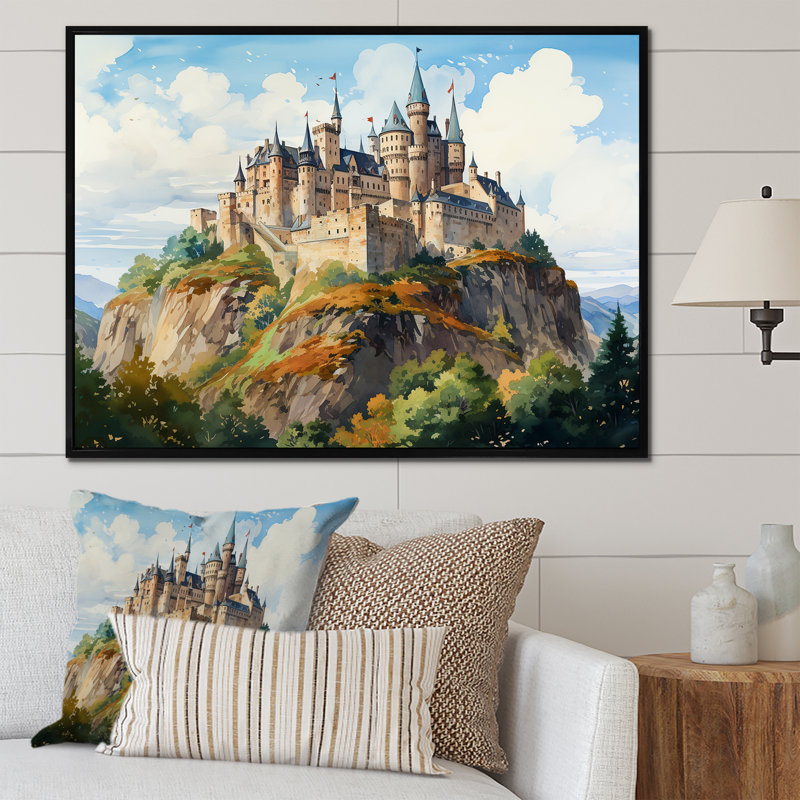 «French Castle Mountain Views - Châteaux», art mural, Cadre flottant noir, H 24 po x l 32 po x P 1 po