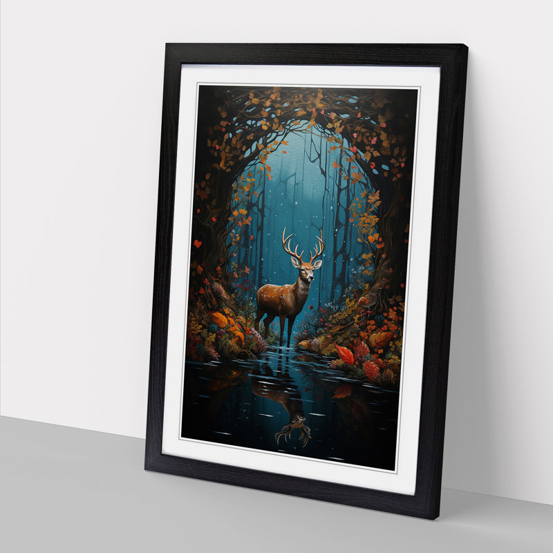 Deer Hard Edge - Single Picture Frame Print on Wood, 34cm H x 25cm W, Black Framed