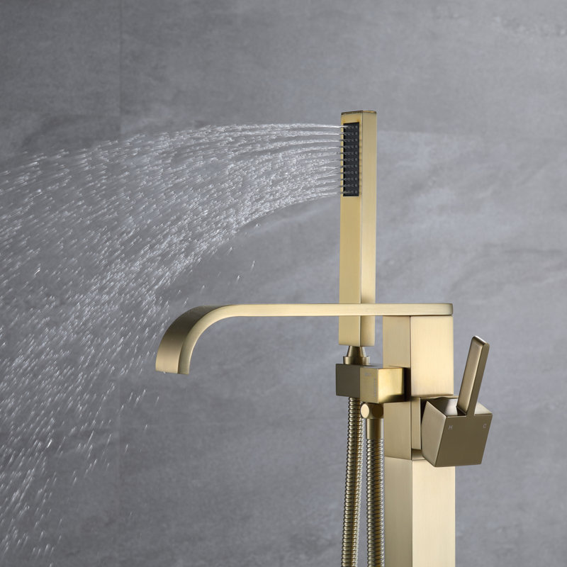 Freestanding Cube Floor Tub Spout with Diverter, Brushed Gold