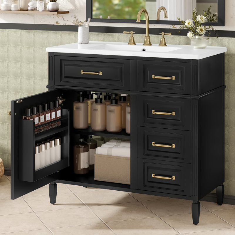 Meuble-lavabo autoportant avec tiroirs et tablette, Noir