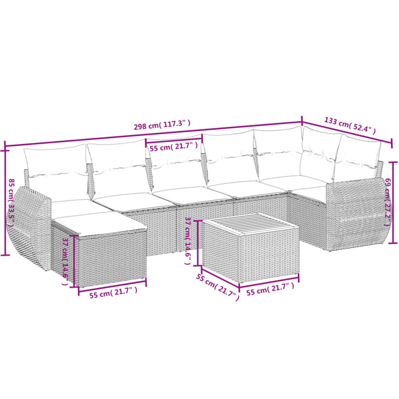  Ensemble de canapé de patio 8 pièces avec coussins en rotin de polyester gris