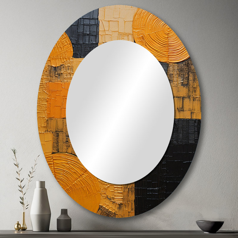 Artistique jaune poterie - Miroir décoratif géométrique ovale sur métal, 43 po x 33 po