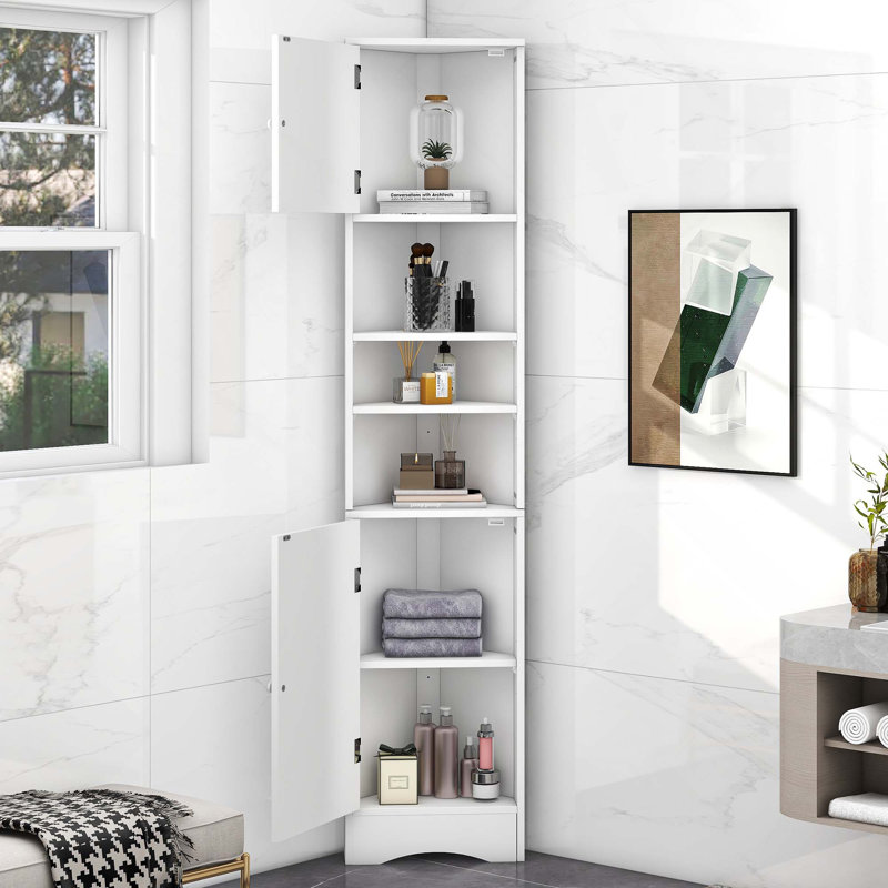 Multi-Functional Triangle Corner Tall Bathroom Storage Cabinet With 2 Doors, Adjustable Shelves & Open Shelf, White