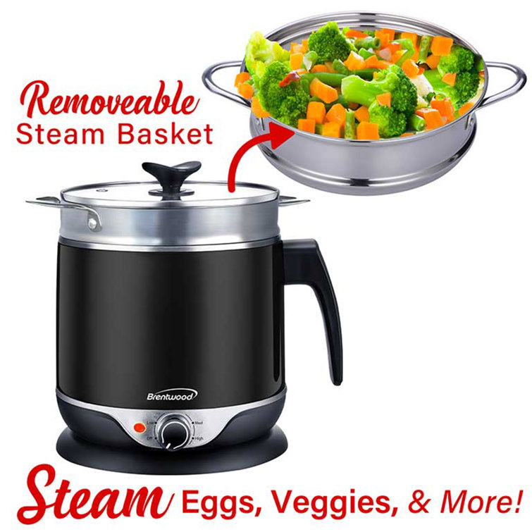 Brentwood Stainless Steel 1.3 Quart Cordless Electric Hot Pot Cooker and Food Steamer in Black