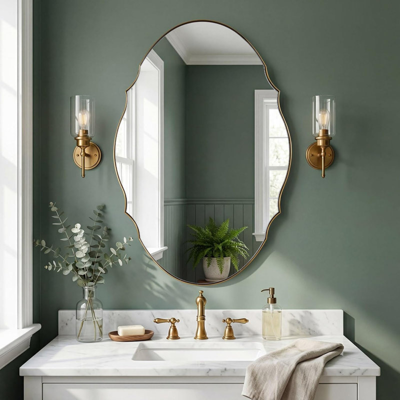 Contemporary Oval Scalloped Wall Mirror Irregular Bathroom Vanity Mirror | Stainless Steel Frame, Brushed Gold, 30" x 22"