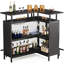 Unité de bar en forme de L de 36 po x 48 po avec repose-pieds - Armoire de coin moderne avec tablettes à 2 niveaux et supports en verre, mini table de bar industrielle noire pour la maison, la cuisine ou le pub