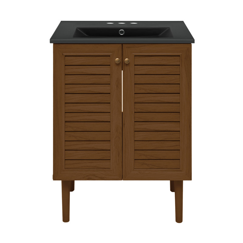 Meuble-lavabo autoportant de 24 po en chêne brun avec comptoir noir à 3 trous Bron, Noir, Chêne brun, Centres de 4 po