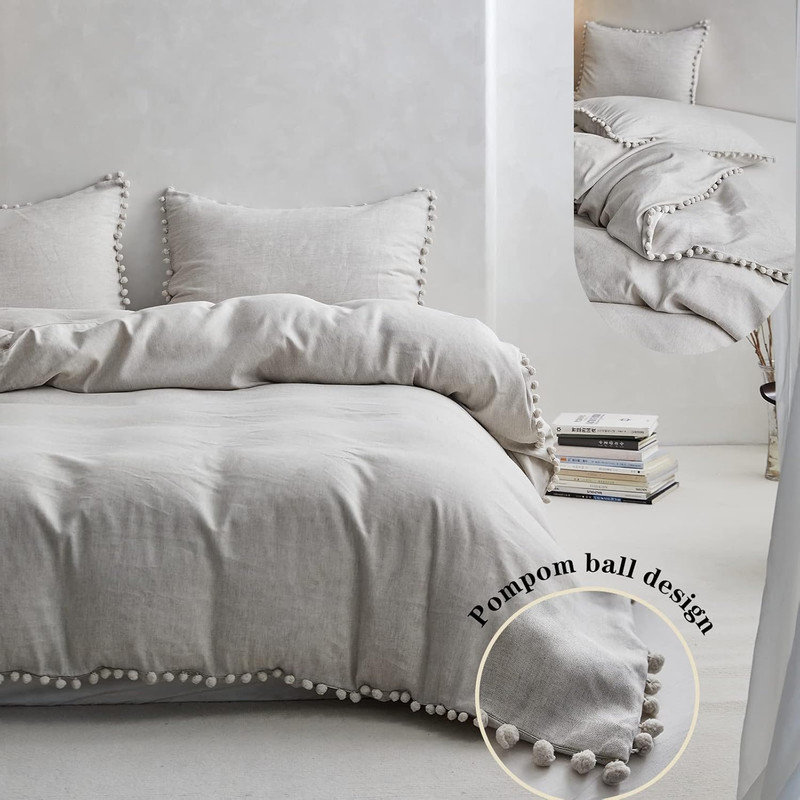 Ensemble de lit avec housse de couette en lin français, 1 housse d'édredon et 2 taies décoratives, Lin lin