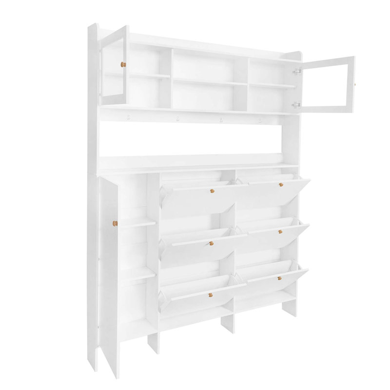 Multifunctional Tipping Bucket Shoe Cabinet with Storage Shelf 6 Flip Drawers, Large Hall Tree with Tempered Glass Doors, Foyer Cabinet with 4 Hooks for Hallway