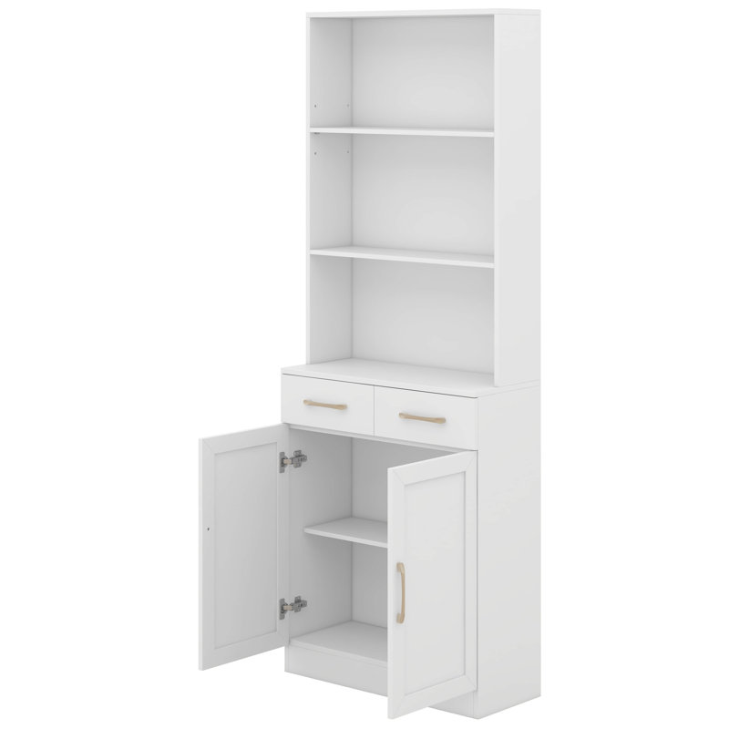 Tall Storage Cabinet, Bathroom Floor Storage Cabinet With 2 Drawers, Adjustable Shelves, Three-Layer Open Shelf, White