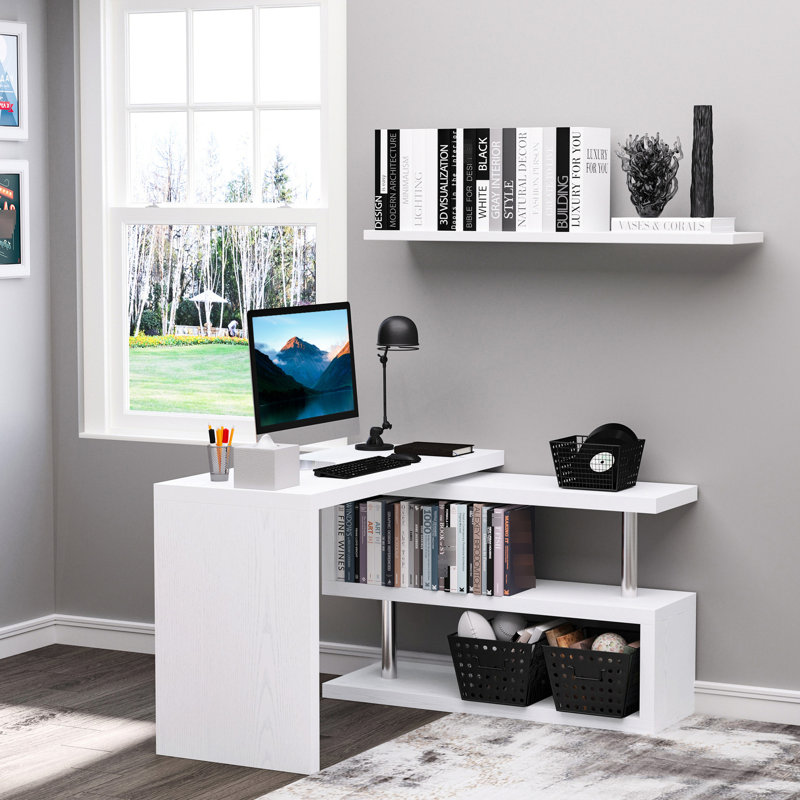 Bureau en L pivotant à 360 degrés, blanc avec 3 tablettes de rangement, idéal pour le bureau d'ordinateur personnel