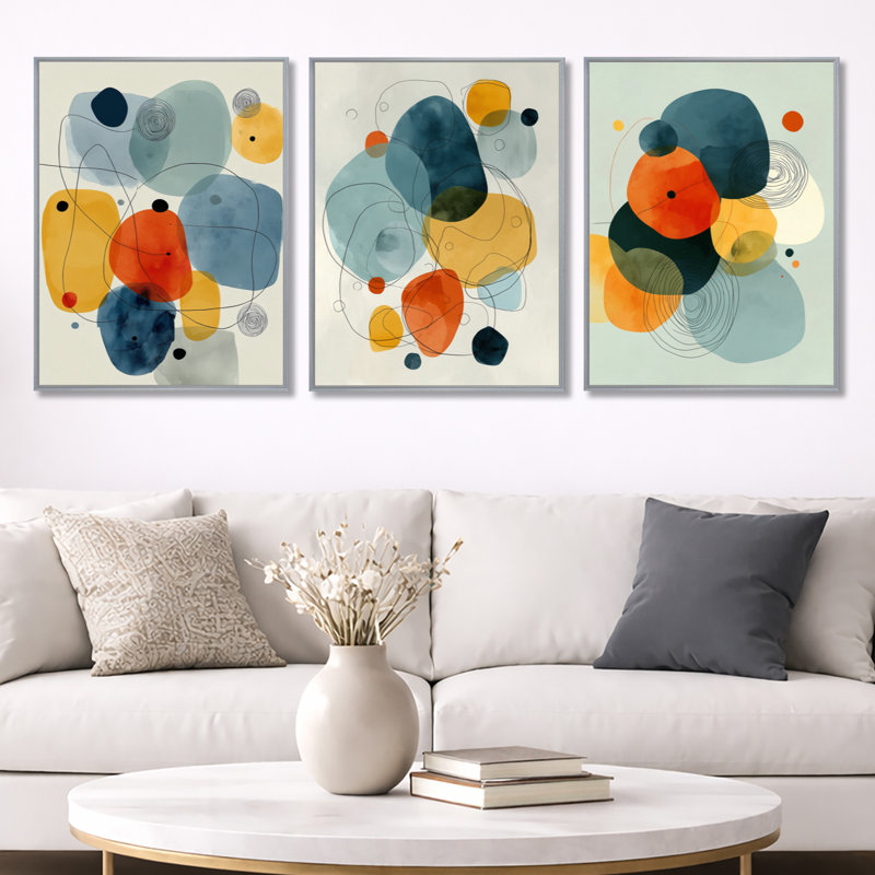 «Minimalist Meditation Stone Collage III», art abstrait encadré 3 panneaux Mid-Century, Silver Floater Framed