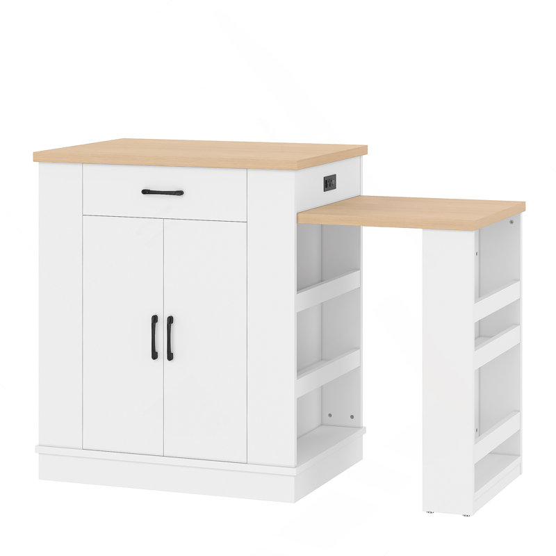 Accent Cabinet, Extendable Island Console With Drawers, Double-Door Cabinet And Open Shelving, White