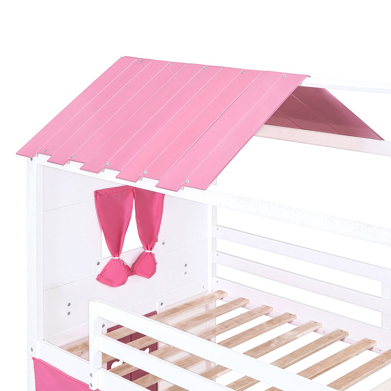 Lit superposé en bois avec élégantes fenêtres, rebords et tente, Lit simple