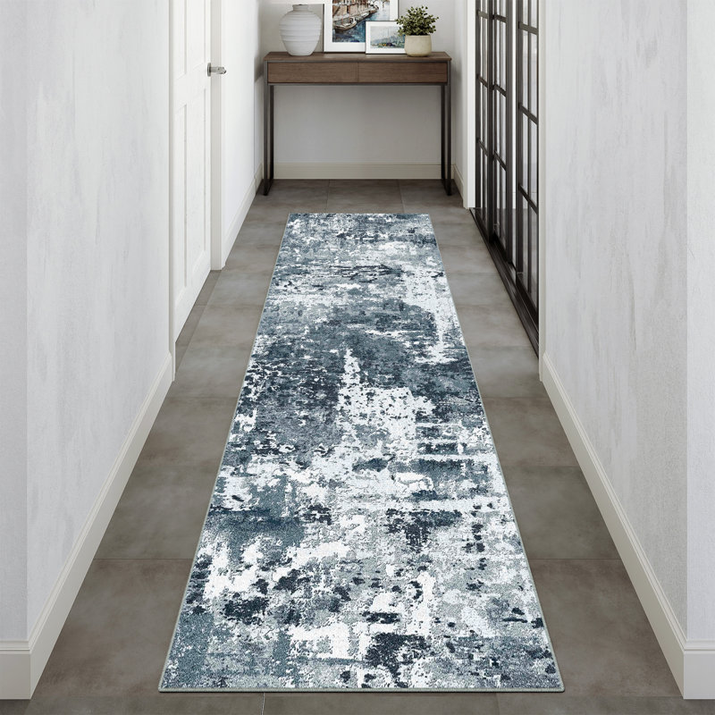 Vellum Home Abstract Textured Area Rug in Blue, Runner 2' x 8', Blue White