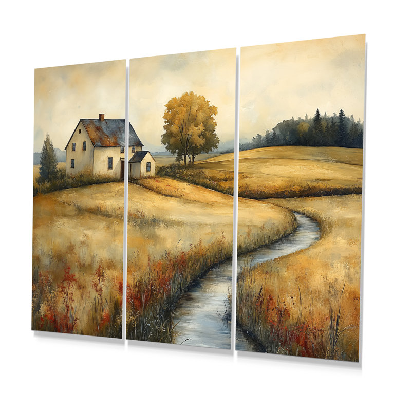 Chemin orange vers la ferme en automne III - ensemble d'art mural de ferme, Métal métal, H 40 po x l 60 po x P 1 po