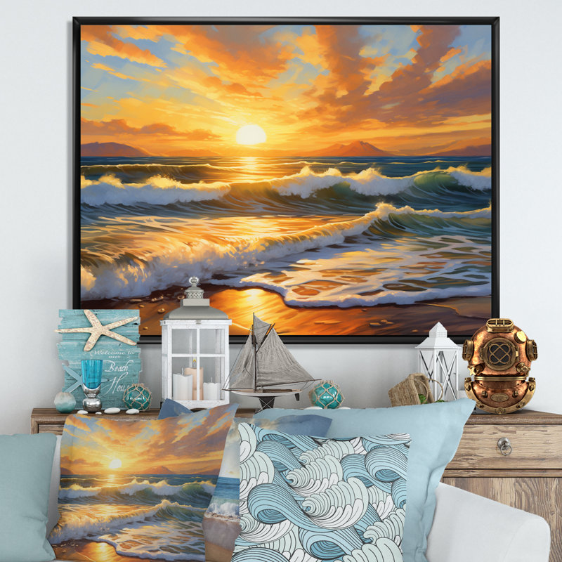 «Beach Photo Sunlit Horizons VI», reproduction d'art sur toile nautique et plage, Cadre flottant noir