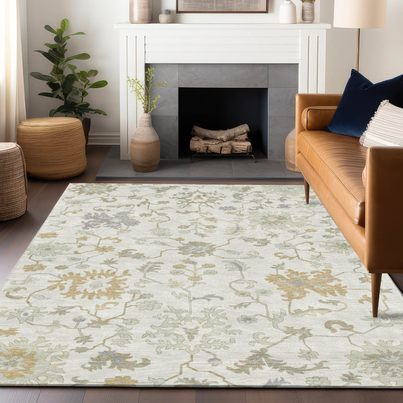 Tapis ivoire Xhevrie intérieur / extérieur lavable à la machine Xhevrie, Rectangle 5 pi x 7 pi 6 po