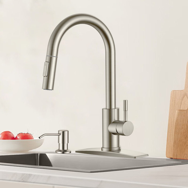 Stainless Steel Kitchen Faucet With Pull-Down Sprayer, With Soap Dispenser High Curve Modern Classic Faucet With Deck For 1 Or 3 Holes