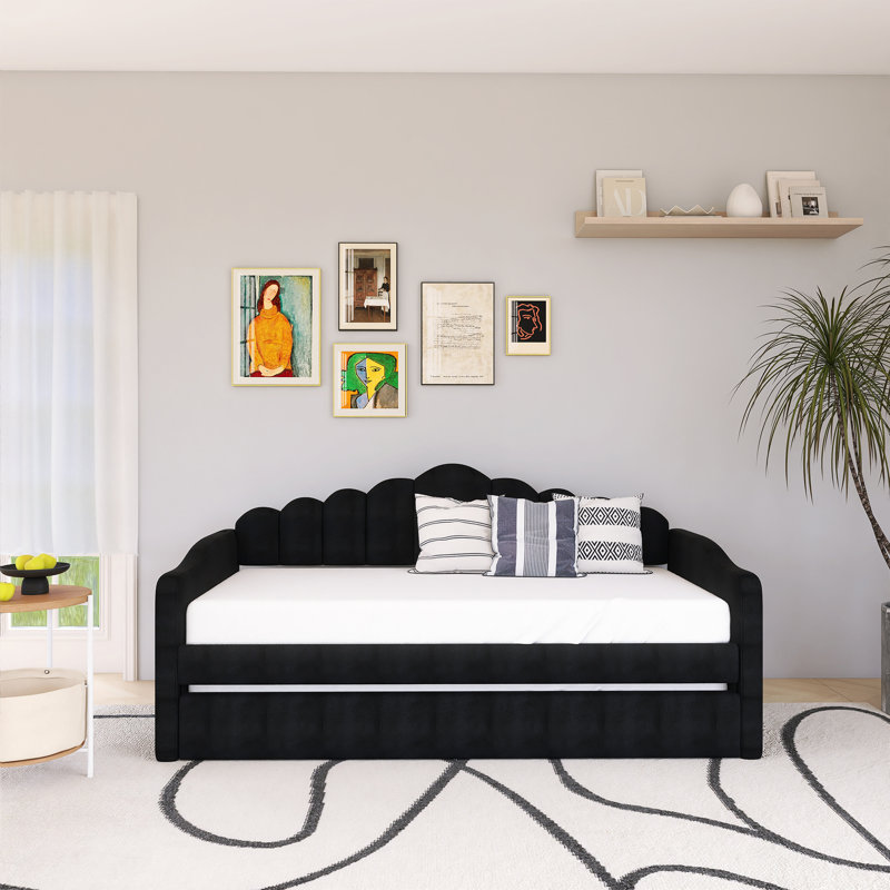 Twin Size Upholstered Daybed With Trundle ,Velvet Sofabed With USB Charging Ports, Black
