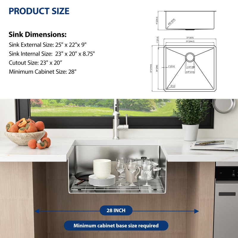 Évier de cuisine encastré à cuve simple en acier inoxydable L 25 po x l 22 po à 16 cuves