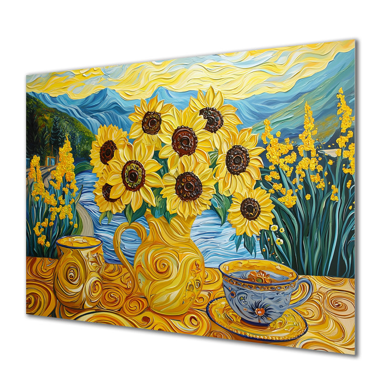 Poterie colorée colorée inspirée de Vincent II - tournesols, impression métallique traditionnelle, H 34 po x l 44 po