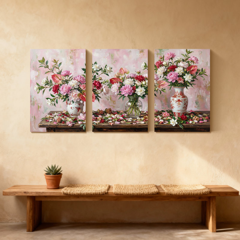 Plantes et fleurs, arrangement floral, vases sur fond rose, ensemble de 3 impressions sur toile, H 30 po x l 60 po