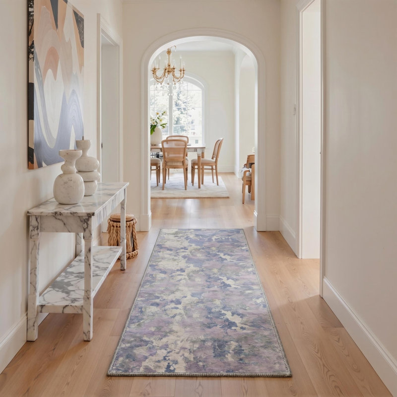 Tapis de couloir abstrait bleu / lavande / ivoire lavable à la machine avec envers antidérapant, Rond 5 pi