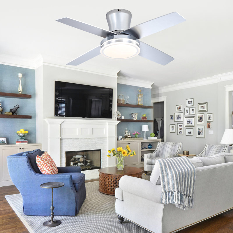  Ventilateur de plafond encastré chromé intelligent de 44 pouces avec lumière, télécommande et commande APP, moteur à courant continu, ventilateur réversible silencieux à 6 vitesses pour le salon de la chambre à coucher