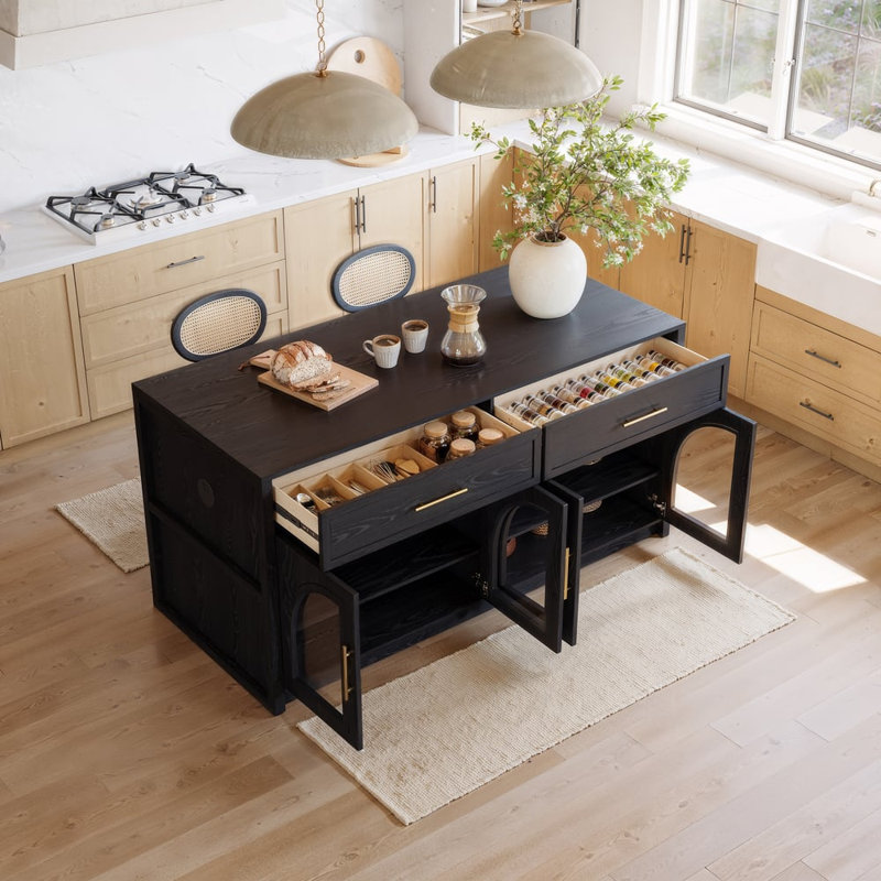71" Modern Black Kitchen Island With Storage Glass Doors Kitchen Table With Led Light Strip