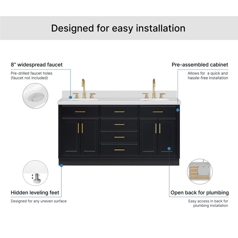 Thornaby 66'' Solid Wood Double Bathroom Vanity with 1.5'' White Quartz Top, Oval Sinks, Black / Satin Brass, Oval