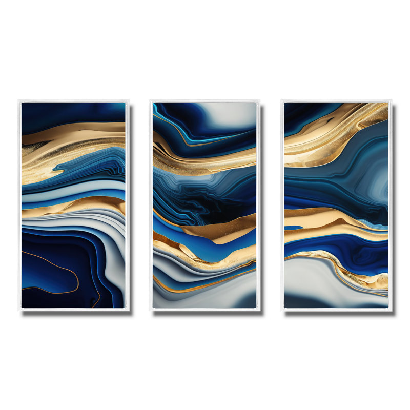 Bannister " Vibrant Blue And Gold Agate II " 3 - Pieces, White Framed, 32" H x 48" W x 1" D
