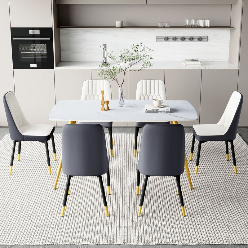 Ensemble repas en marbre, Blanc / gris, Or, 7