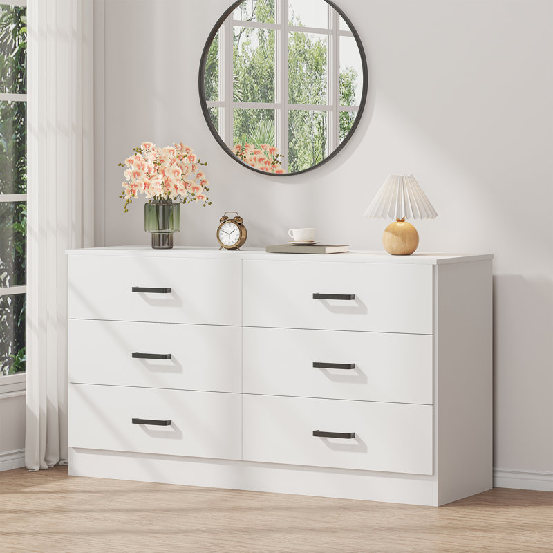 Commode en bois pour chambre à coucher, commode double à 6 tiroirs, commode moderne à tiroirs profonds, grand rangement pour le salon, garde-robe, P 15,8 po x l 47,2 po x H 27,7 po (blanc)