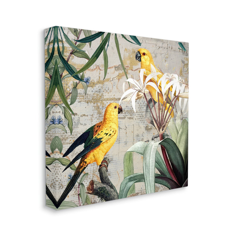 Collage d'oiseaux tropicaux jaunes, H 17 po x l 17 po x P 1,5 po
