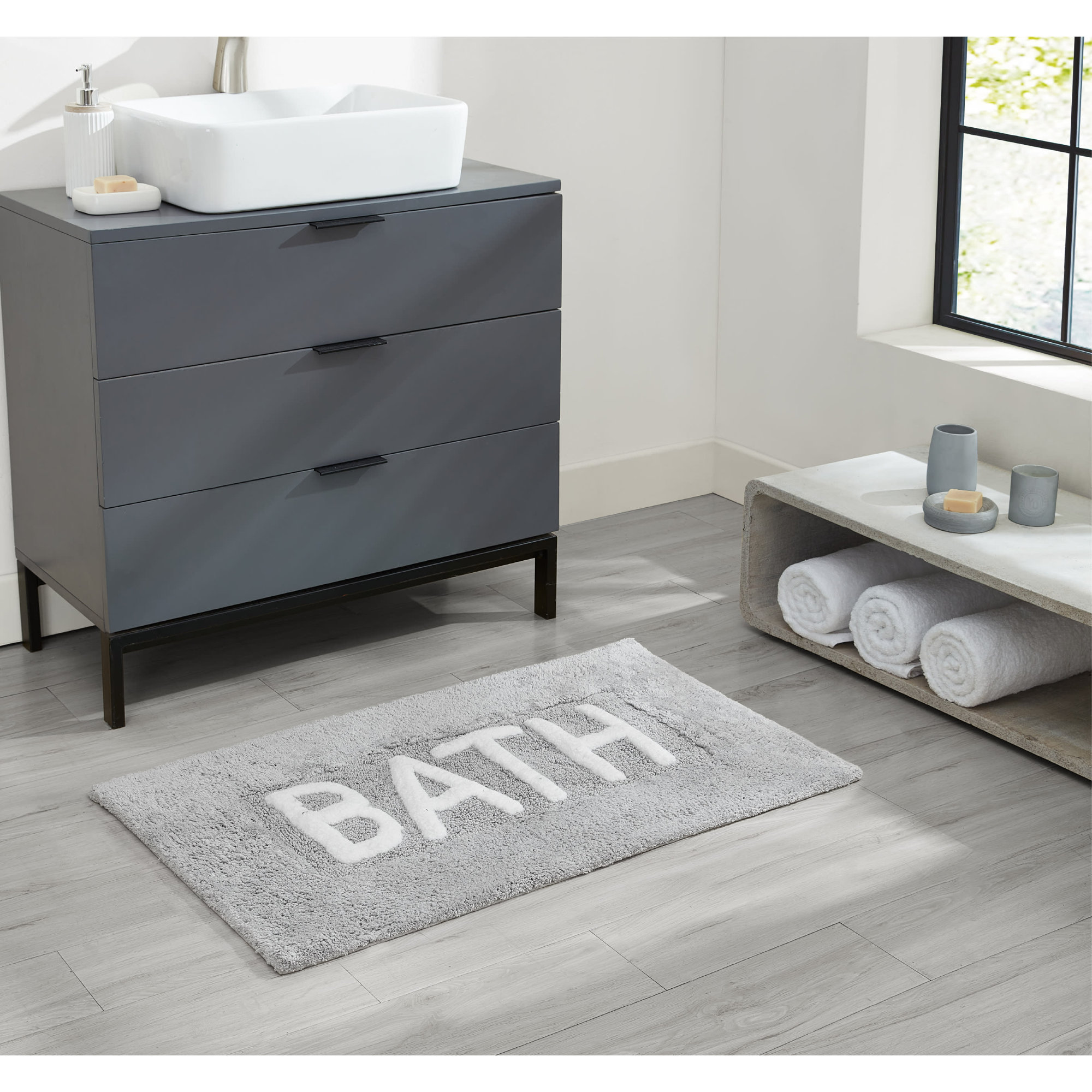 Cotton Blend Non-Slip Bath Rug, Light Gray