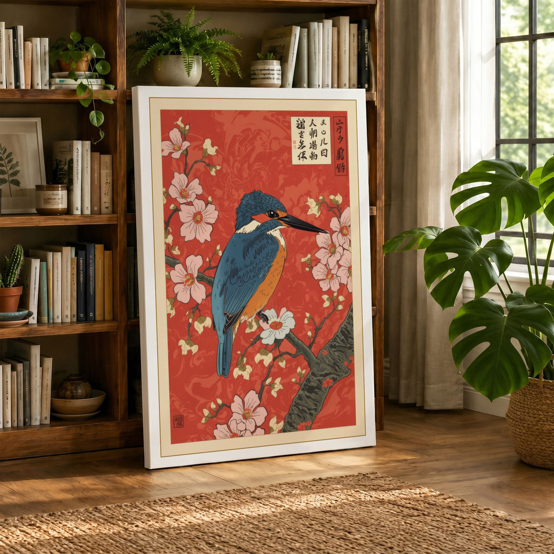 Kingfisher and Plum Blossoms Japandi - Wrapped Canvas