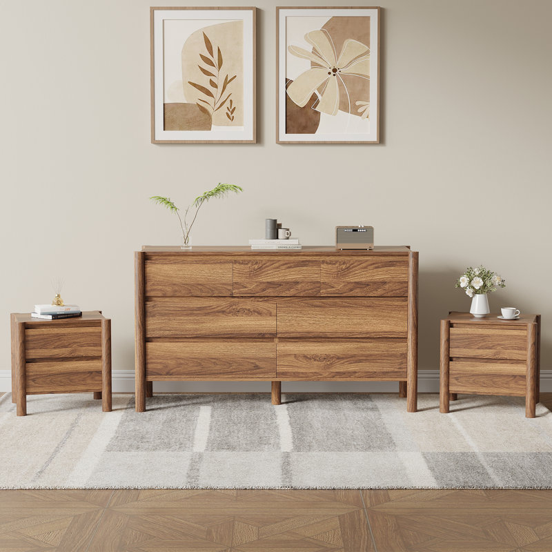 Ensemble de chambre à coucher 3 pièces, commode 7 tiroirs et 2 tables de chevet, brun