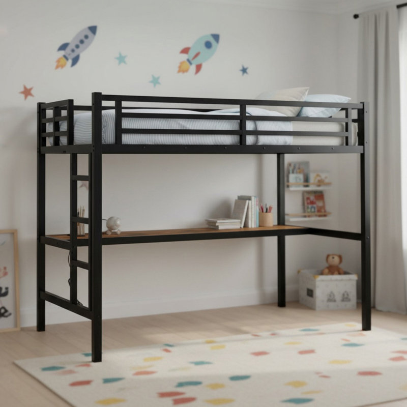 Metal Twin XL Size Loft Bed with Power Outlet and LED Lighted for Bedroom, Twin XL