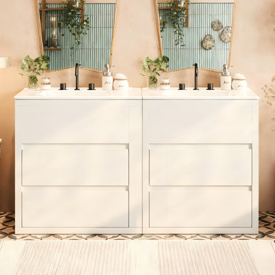 Meuble-lavabo double lavabo de 60 po, deux comptoirs en céramique, fermeture en douceur des tiroirs, comptoir brillant, tiroir à extension complète, convient aux projets de rénovation, trous pré-percés pour robinetterie encastrée.