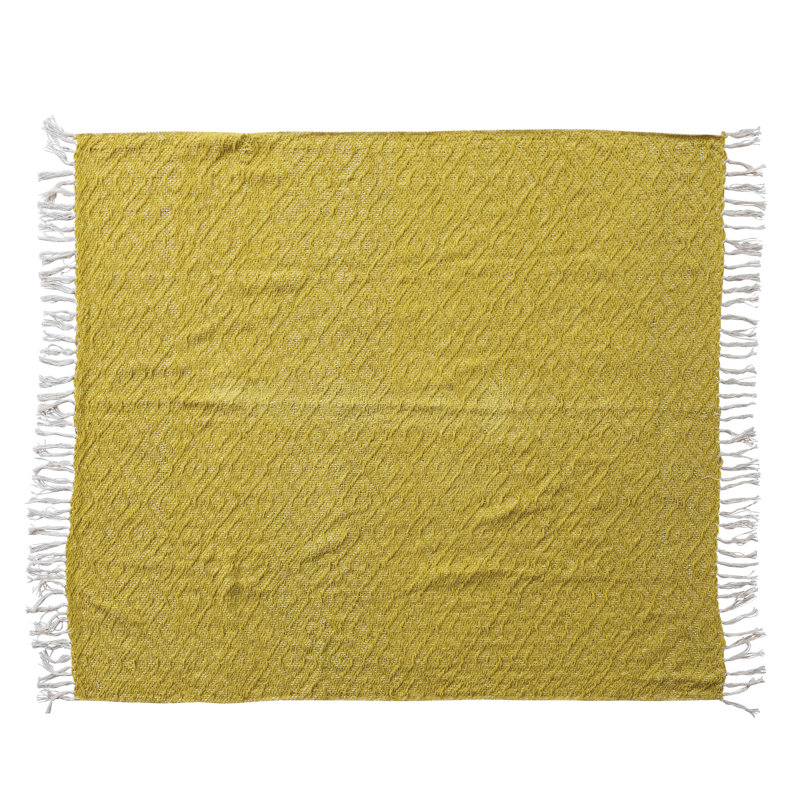 Woven Fabric Chenille Throw With Diamond Pattern And Fringe