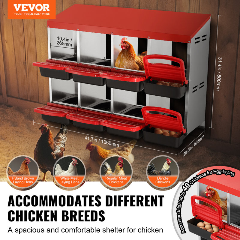 8-Compartment Chicken Nest Box Mental Box with Inclined Nesting Boxes