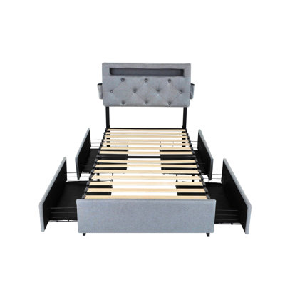 Cadre de lit simple, lumières à DEL, ports de charge, tête de lit, tiroirs de rangement, cadre de chambre organisé avec charge, 4 tiroirs et sommeil silencieux